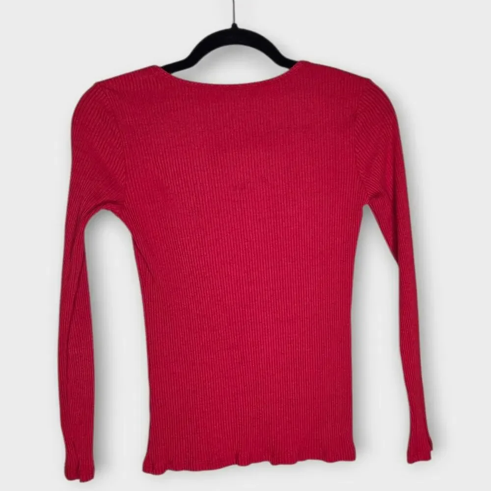Amour Vert Red Square Neck Ribbed Fitted Top Long Sleeve Womens Med